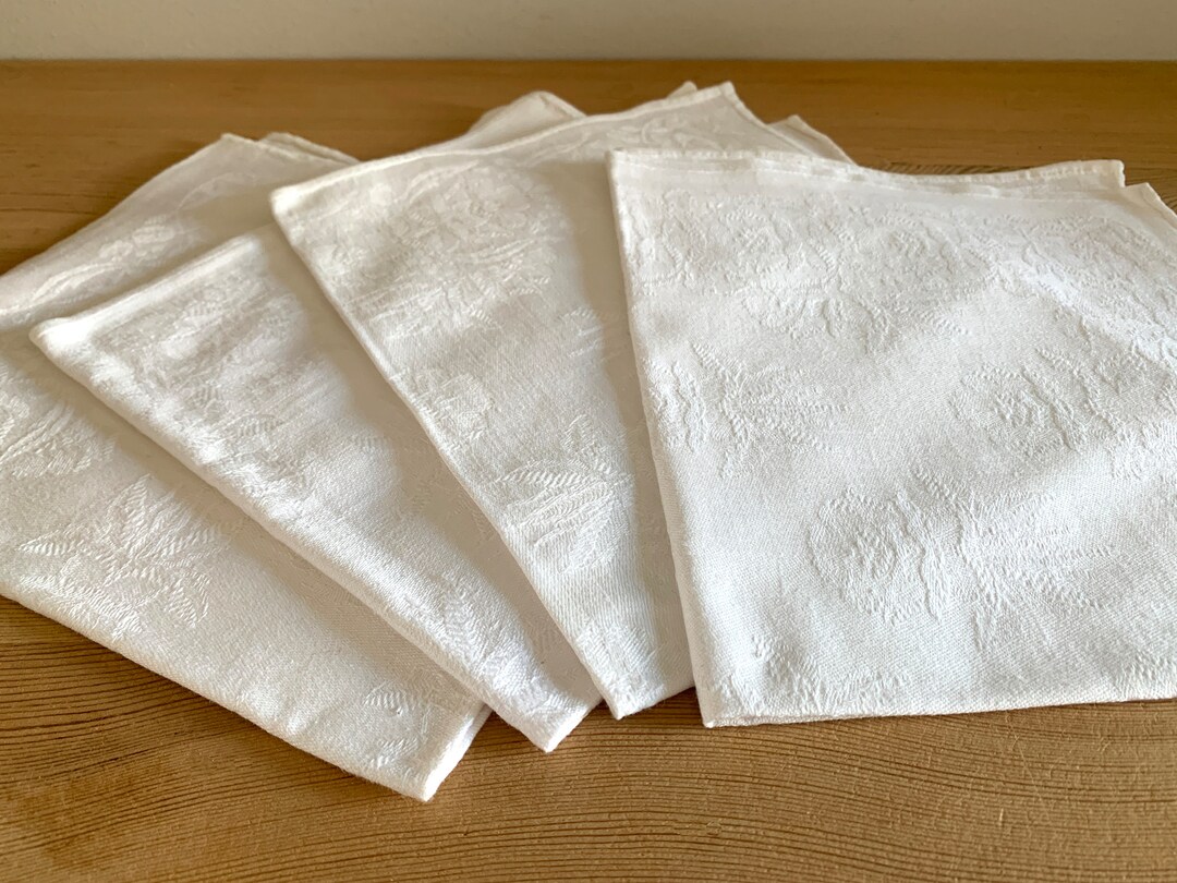 Set of 4 Vintage Damask Linen Napkins White Linen Serviettes Etsy