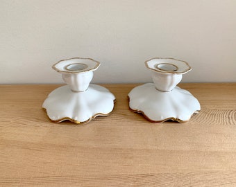 Porcelain Candlestick Holder Set Seltmann Weiden Bavaria Theresia White with Gold RIm Decor Pair of Chamberstick Holder Set