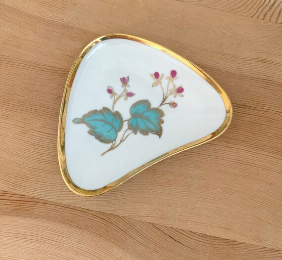 Vintage Trinket Dish Alka Bavaria Sanssouci Germany 1940 Triangular Gold Trim Floral Trinket Tray Midcentury