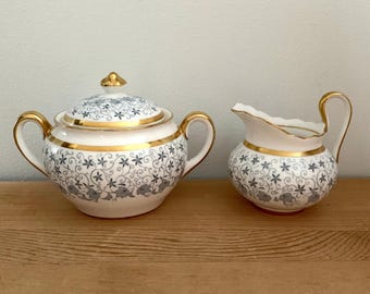 New Chelsea Staffs Fine Bone China Creamer and Sugar Bowl Blue Floral Decor and Gold RImmed 1930s