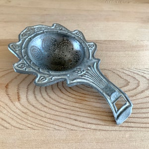 Antique Ornate Tea Strainer in Aluminium Metal With Patina Vintage Kitchen Decor