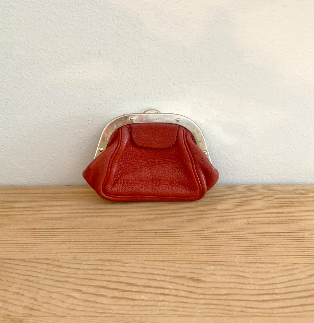 Small Red Vintage Leather Coin Purse Calfskin Clasp Coin Pouch With
