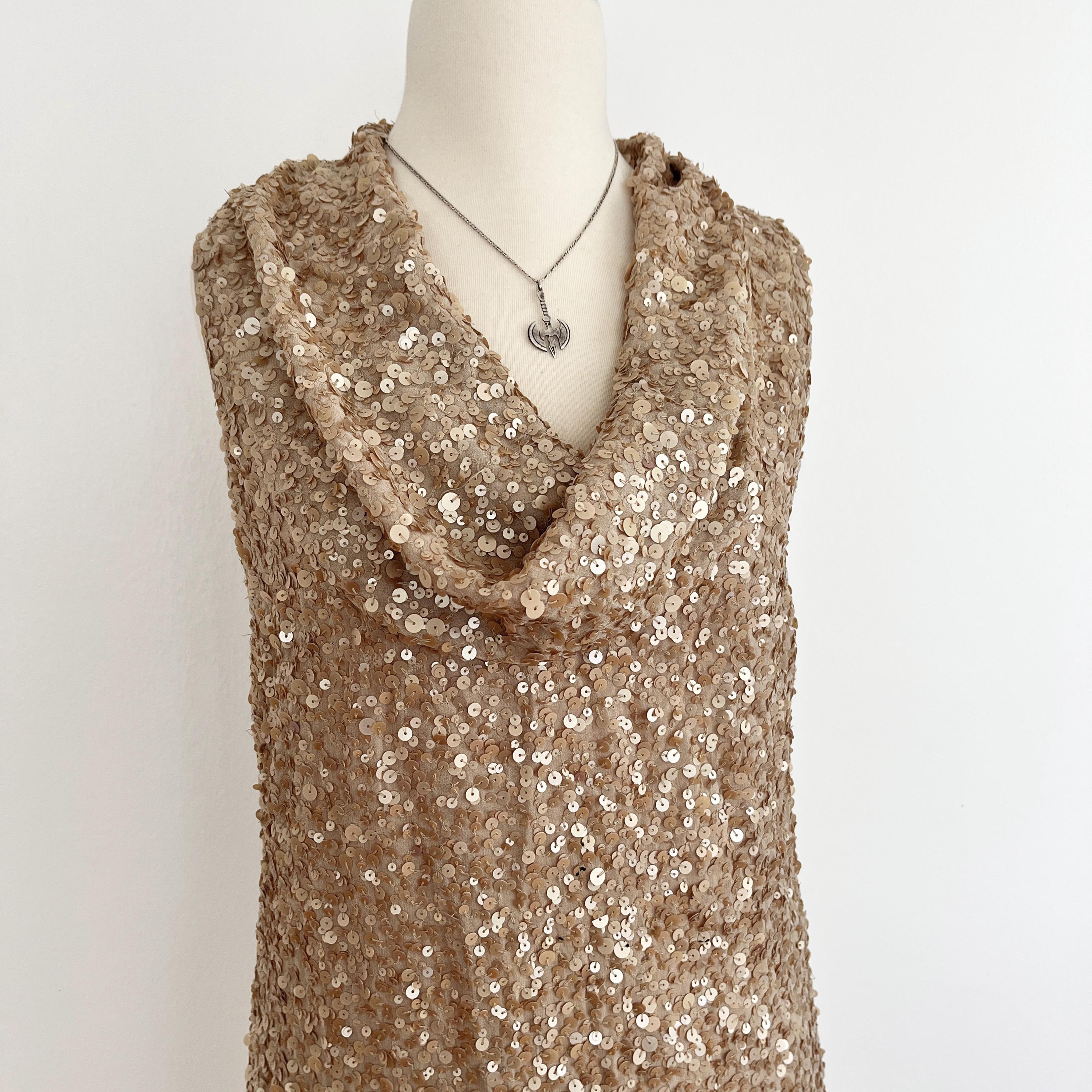 Cowl neck gold mini sequin dress