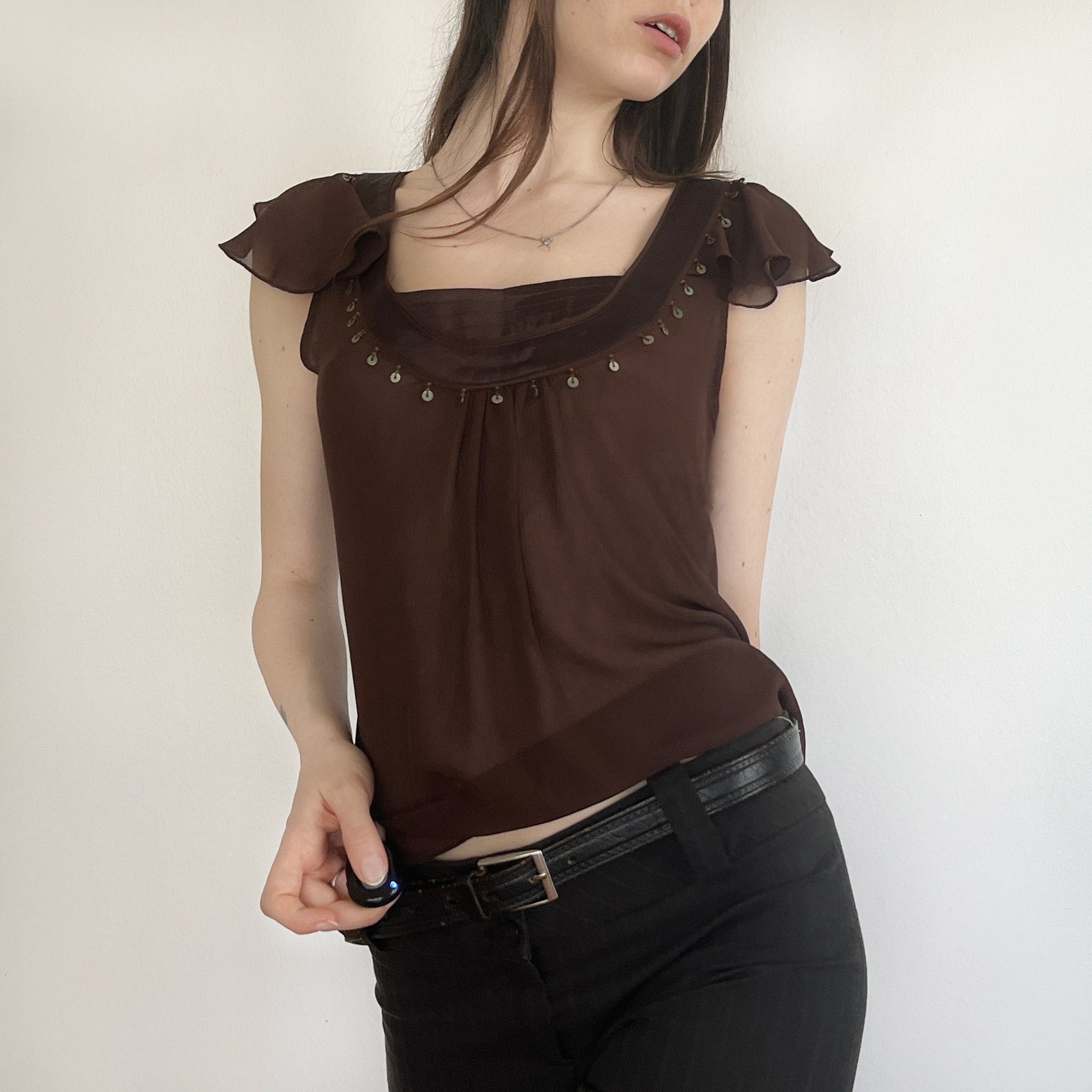 BRINLEY Sheer Top - Chocolate