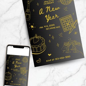 Bewerkbare nieuwjaarsuitnodiging bingofeest | Sjabloon direct downloaden | DIY-afdrukbaar | Uitnodiging voor bingoavond NYE | Bewerkbaar canvas