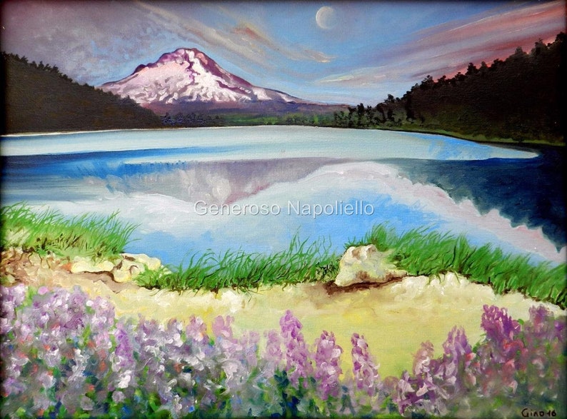 Lavender Lake Limited Edition Print Of Original Oil Painting by Generoso Napoliello Landscape Mountain Lake image 1