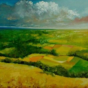 May include: A painting depicting a landscape with rolling hills and fields. The sky is blue with white clouds and a touch of pink in the distance. The fields are a mixture of green, yellow, and brown. The painting is signed "Generoso Napoliello" in the bottom right corner.
