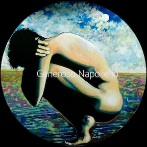 May include: A painting of a nude figure in a crouching position, with their head in their hands. The figure is in the foreground, with a blue and green landscape in the background. The sky is blue with white clouds and a bright white moon. The artist's name, "Generoso Napoliello", is written in white text on the painting.