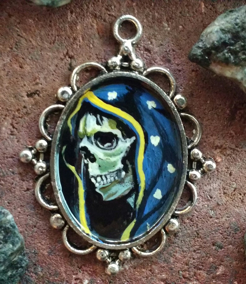 Painted Pendant On Metal With La Santa Muerte Necklace Day Image 0