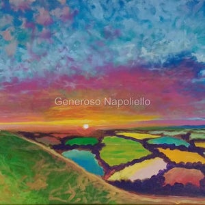 May include: A colourful painting depicting a sunset over a field of green, yellow, and blue patches. The sky is a vibrant mix of pink, orange, and blue with fluffy clouds. The artist's name, Generoso Napoliello, is written in white text at the top of the painting.