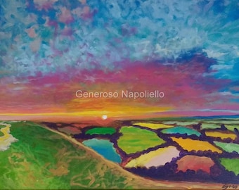 Patchwork Fields Limited Edition PRINT of Original Painting by Generoso Napoliello  Colourful Landscape Clouds Vibrant Sky Art