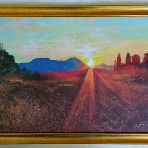 Turkish Sunset Original Acrylic  Painting Framed Landscape Turkey Mountains Trees Sun Art Realism
