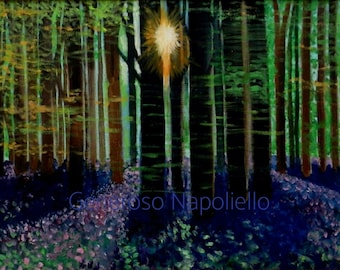 Bluebells - Limited Edition PRINT of Original Painting By Generoso Napoliello Woodland Bluebells Kent Countryside Sunrise Trees