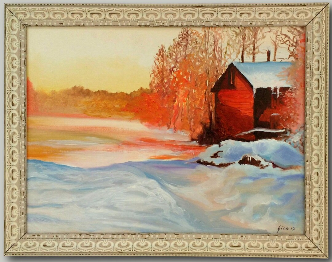 Cabin in the Snow - Original Oil Painting Framed & Signed Winter Art ...