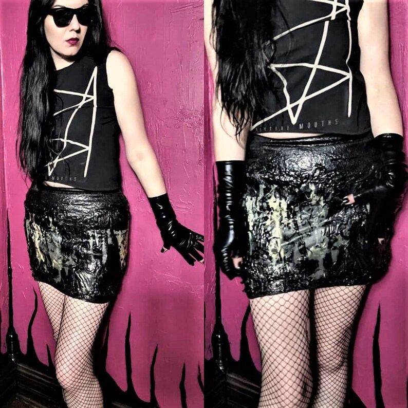 Black and Bone by SceneSick Custom Rubber Stage Textured bandage Flex Gothic Metal Mini Skirt