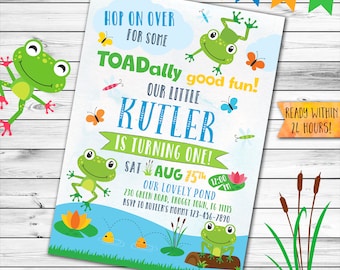 Green Frog Chalkboard Birthday Party Invitation with picture Boy Prince Frog Green Party Theme Invite Custom DIY