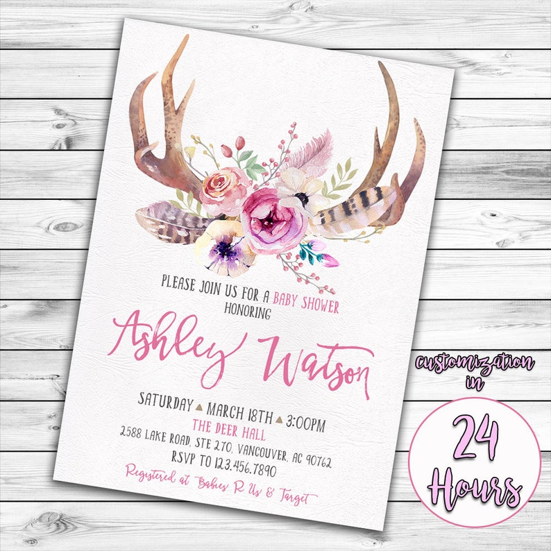 Antler Baby Shower Invitation Deer Baby Shower Girl Baby Etsy