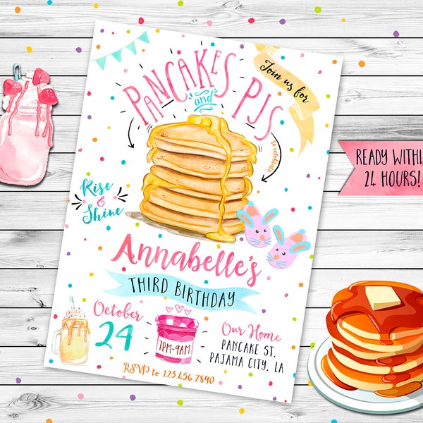 Pancakes and Pajamas Invitation, Pancakes and Pajamas Birthday Invitation, Girls Slumber Party Invitation, Sleepover Party Invite, Pjs