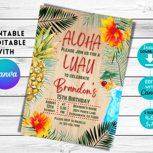 Editable Aloha LUAU Birthday Invitation, Pineapple Invitation, Luau Party Invite, Tropical invitation, Hawaiian, Summer, CANVA, DIY