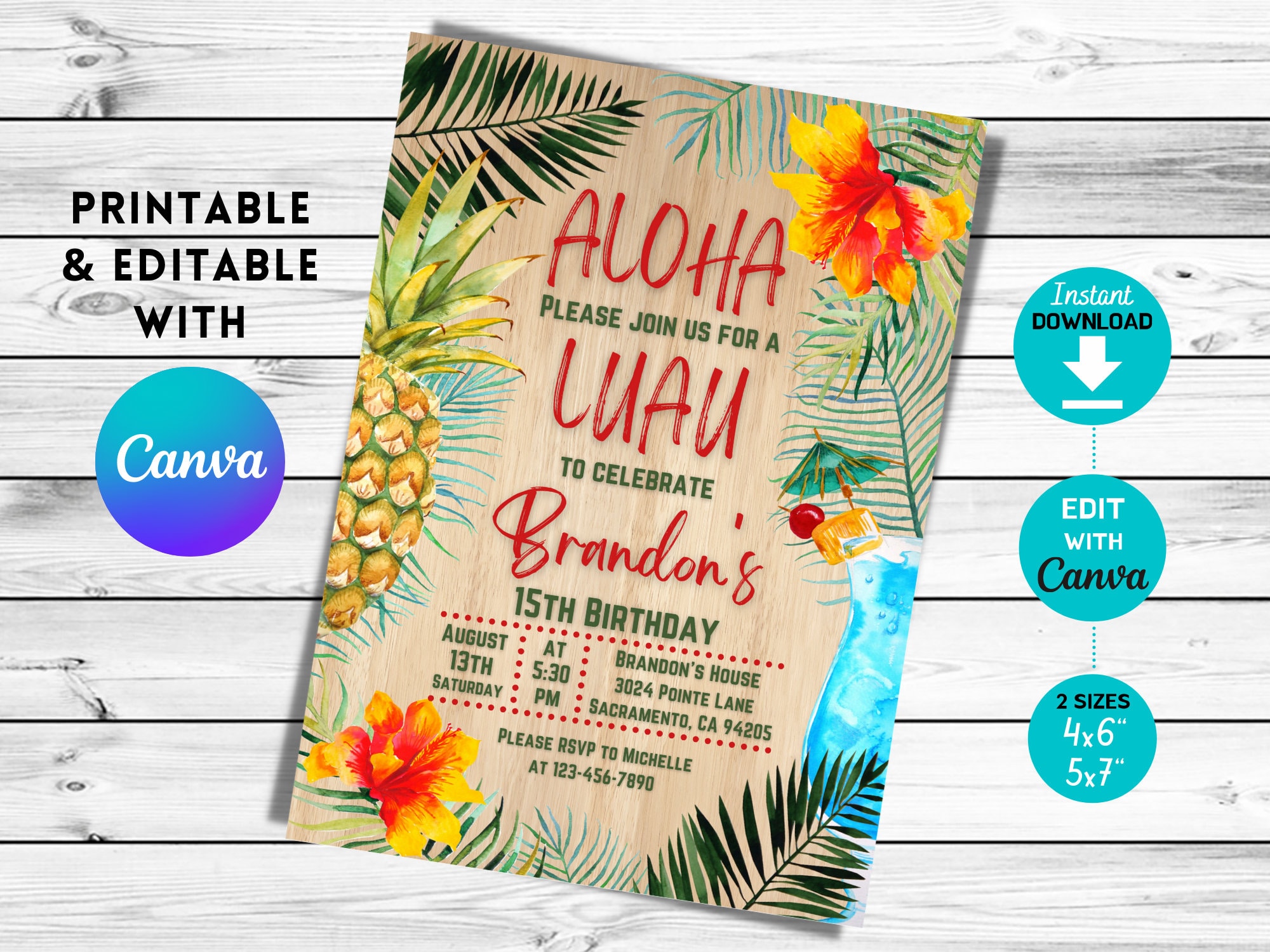 Editable Aloha LUAU Birthday Invitation Pineapple Invitation Luau Party Invite Tropical invitation Hawaiian Summer CANVA DIY