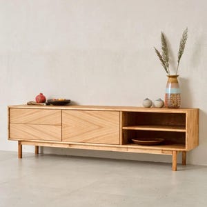 Solid Ash Wood TV Stand | 63&quot; Media Console with Drawers & Open Shelves | Floor Cabinet