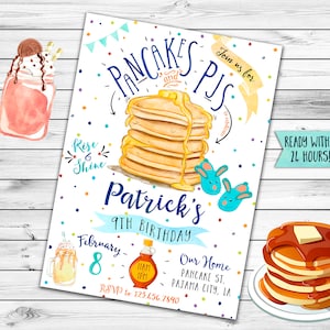 Boy Pancakes and Pajamas Invitation, Pancakes and Pajamas Boy Birthday Invitation, Boys Slumber Party Invitation, Sleepover Party Invite