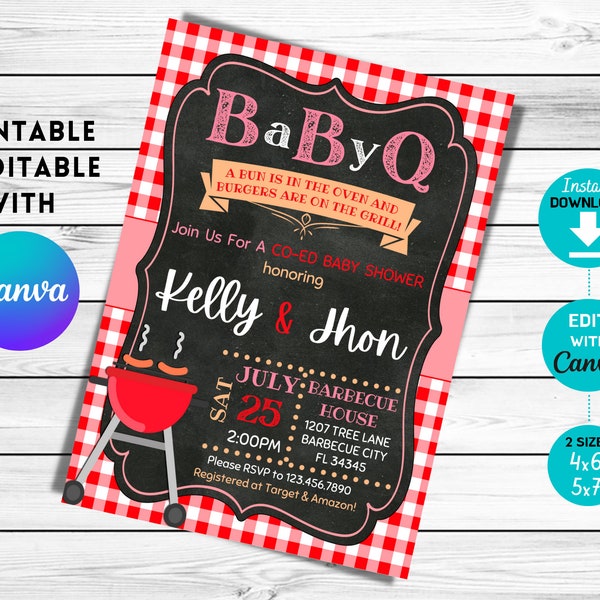 Editable COED BABYQ Invitation, BabyQ Invitation, Co-ed Baby Shower Invite, Couples Baby Shower, Baby Girl, Baby Q, Chalkboard, CANVA