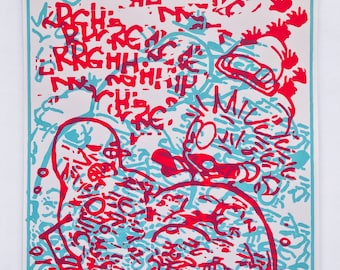 May include: Abstract art print with a red and blue design. The print features a variety of shapes and lines, creating a dynamic and energetic composition.