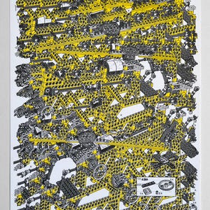 May include: A black and white illustration of a complex structure made of yellow Lego bricks. The image includes a parts list with quantities for each type of brick.