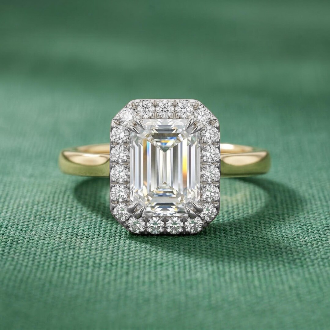3 Carat Emerald Cut Lab Grown Diamond Halo Engagement Ring, Vintage ...