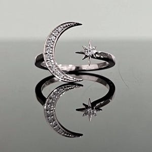 Dainty Moon Star Ring 14K Solid White Gold / Lab Grown Diamond Gold Open Band Crescent Ring / Unique Design For Her / Handmade Jewelry
