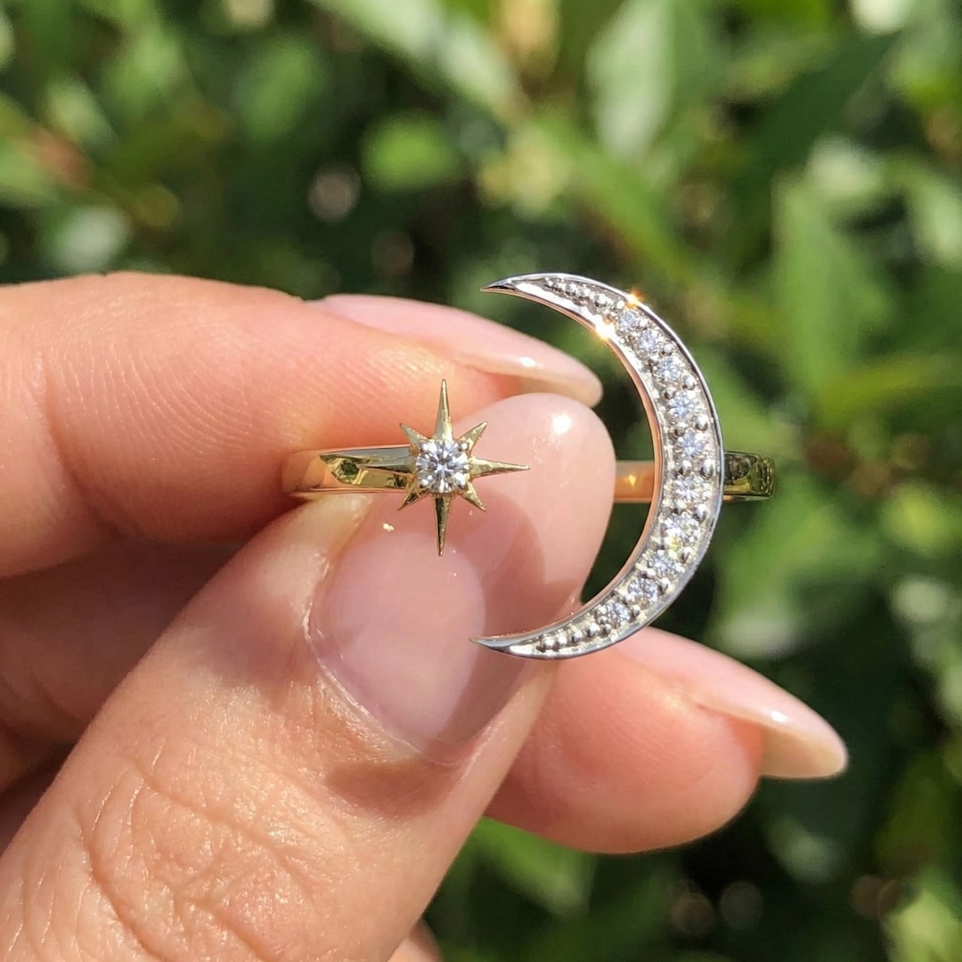 20MM Crescent Moon & Star Ring | Lab-grown Diamond 14K Solid Gold
