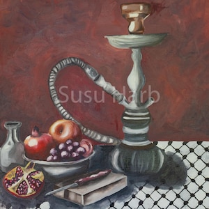 Middle Eastern Still Life Art Print – “A Table of Stories” – Hookah, Fruit, & Patterned Table – Cultural Wall Art – Unframed