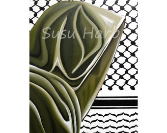 Veiled Identity Print – Palestinian Art, Cultural Heritage Oil Painting, Middle Eastern Art, Oil Painting Print, Keffiyeh Art