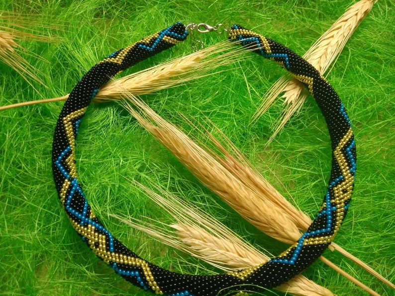 Black Gold and blue geometric beaded crochet rope Necklace Simply and Elegant crochet Necklace Lines