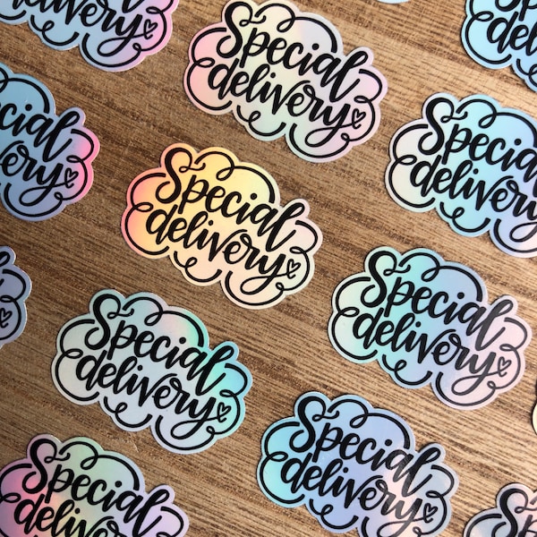 28x Special Delivery Stickers, Holographic Packaging Stickers, Small Business Supplies, Vinyl Stickers, Envelope Seals, Happy Mail, Clouds