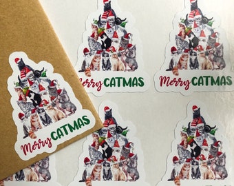 Merry Christmas Catmas Cat Stickers, Cute Cat Xmas Sticker Labels, Festive Packaging Stickers, Envelope, Parcel Supplies, Cat Labels Festive