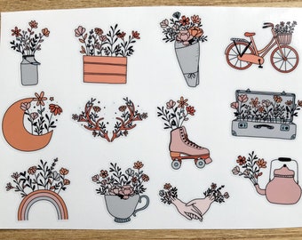 May include: A set of 10 floral stickers featuring various designs, including a vase, a box, a bouquet, a moon, antlers, roller skates, a suitcase, a teacup, hands, and a teapot. Each design features a cluster of pink and orange flowers.