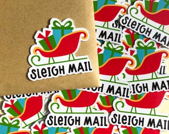28 pegatinas troqueladas brillantes de Sleigh Mail, papelería navideña, pegatinas de Happy Mail, pegatinas para embalaje navideño, etiquetas para correo navideño