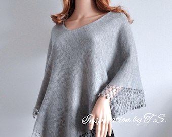 Light cape poncho chic Wool knit Gray melange sweater Hand knitted jumper 100% hand made Women asymmetrical poncho