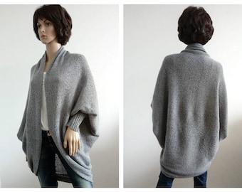 Wool cardigan women Batwing Cardigan gray grey white Jacket  Coat cardigan Handmade  Knit loose clothes wrap Boho Cocoon coat jacket