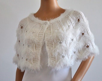 Wedding Cape White faux fur Bridesmaid Capelet Bridal wrap Wrap cover up womens knitted clothing Women Poncho