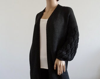 Bubble Sleeve Cardigan Long Pom Pom Pullover Open Front Strickjacke Strickjacke