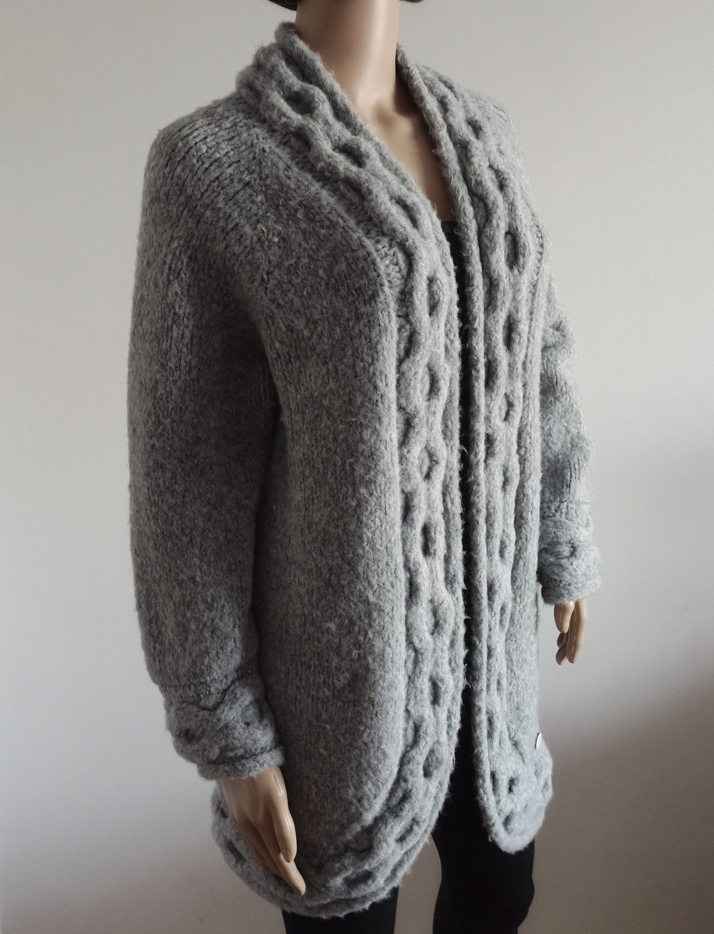 Gray Cardigan Wool Coat With Long Sleeves Cozy Loose Cable Etsy