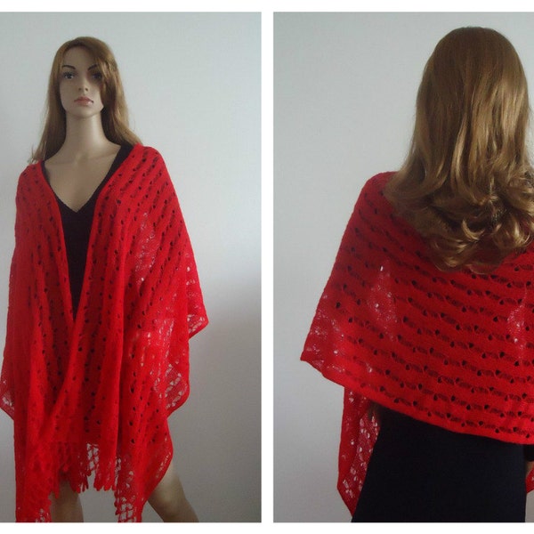 Shawl Red mohair wrap cover up gift Ready to Ship Hand knitted Accessory Romantic Cape Shrug Handmade Gifts