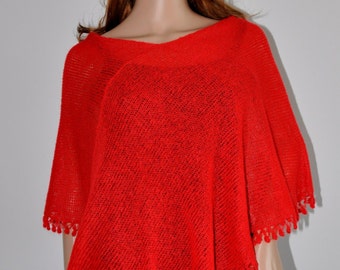 Poncho en tricot de laine, poncho rouge, pull rouge, poncho tricoté à la main, pull tricoté, Poncho femmes, fil Mohair, Prêt à expédier