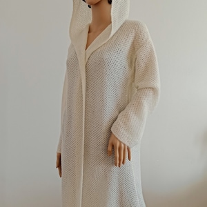 Alpaca long wool cardigan with hood Thin knit coat with long sleeves Creame white wrap for her Transitional clothing long sweater with belt