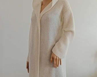 Alpaca long wool cardigan with hood Thin knit coat with long sleeves Creame white wrap for her Transitional clothing long sweater with belt