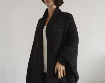 Coat Cardigan Batwing black with long sleeves Black Cozy Knit loose oversized shrug for women Boho Sweater Cocoon coat wrap jacket Wool