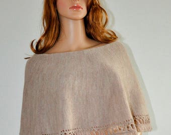 Short poncho Light cape brown wool knit poncho Knit beige cover up Hand knitted poncho short poncho 100% hand made, Women Poncho